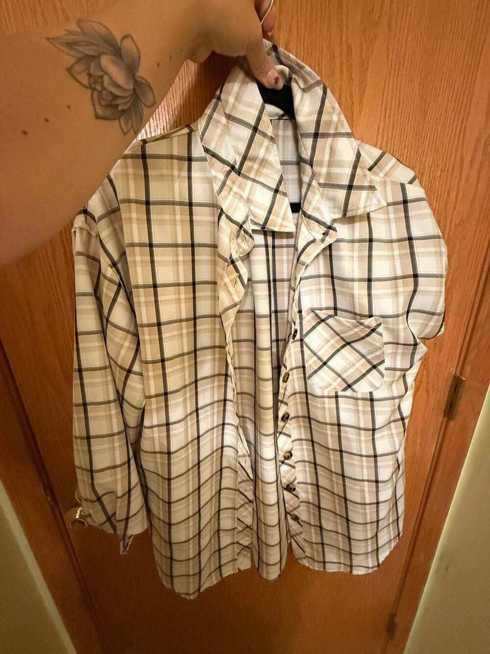 SHEIN Plaid Print Pocket Drop Shoulder Shirt Size M Beige Brown